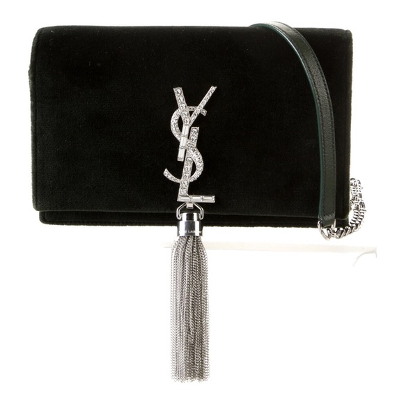 NWT YSL Saint Laurent Green Velvet Crystal Monogram Kate Clutch Chain Shoulder - Picture 3 of 8